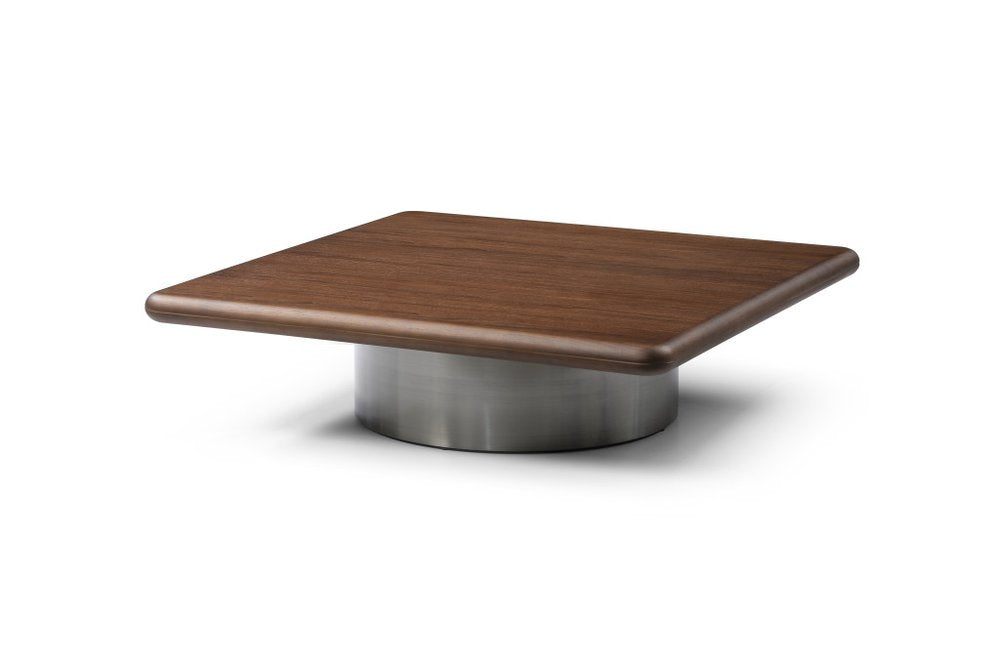 Brown and Silver Wood and Stainless Steel Square Pedestal Coffee Table