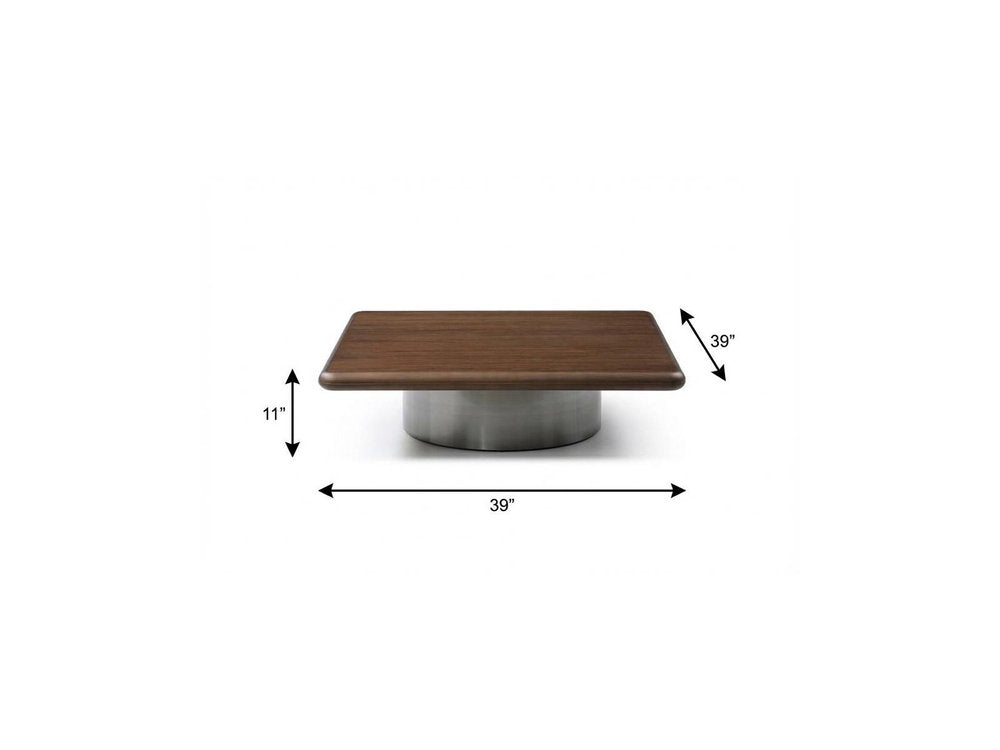 Brown and Silver Wood and Stainless Steel Square Pedestal Coffee Table