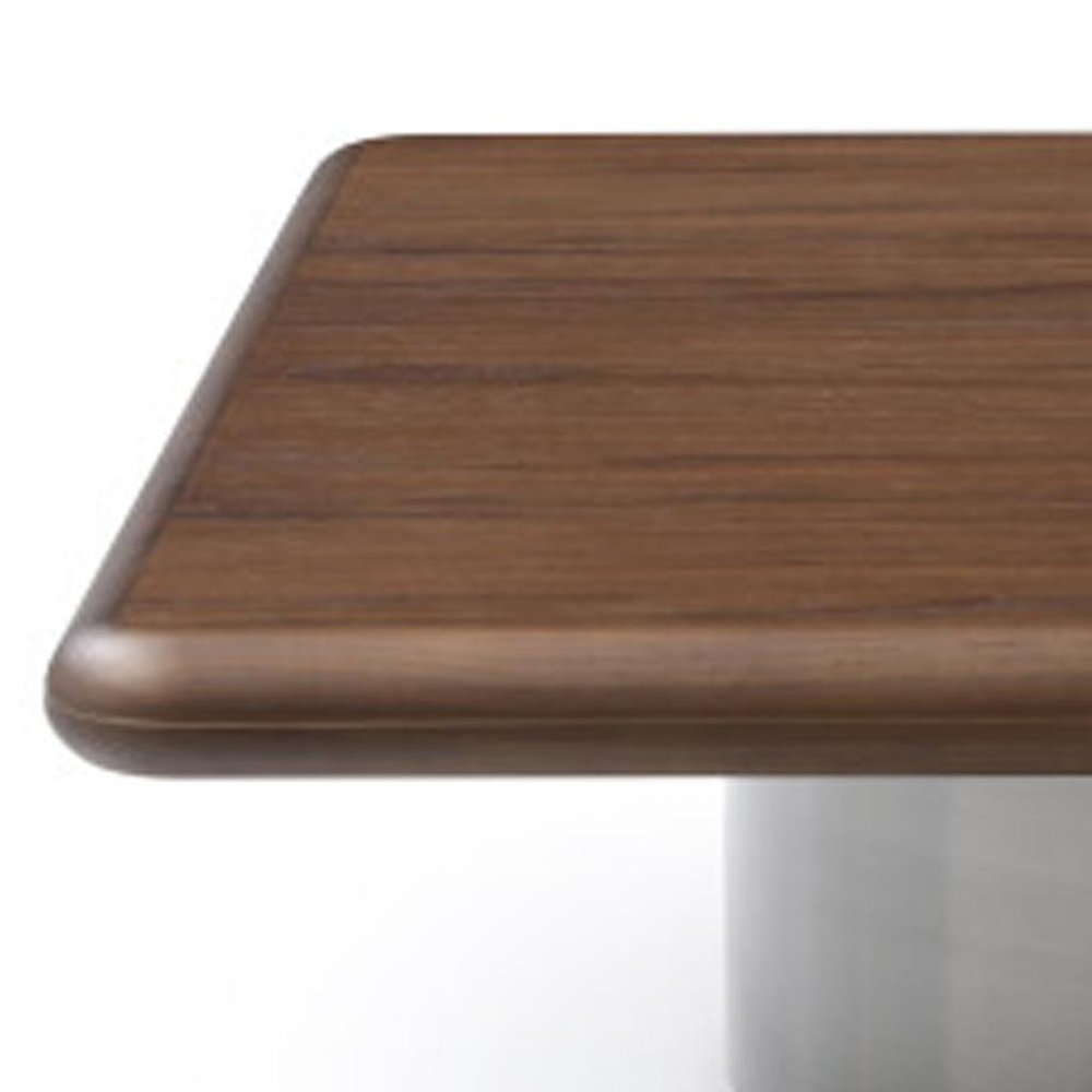 Brown and Silver Wood and Stainless Steel Square Pedestal Coffee Table