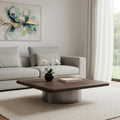 Brown and Silver Wood and Stainless Steel Square Pedestal Coffee Table