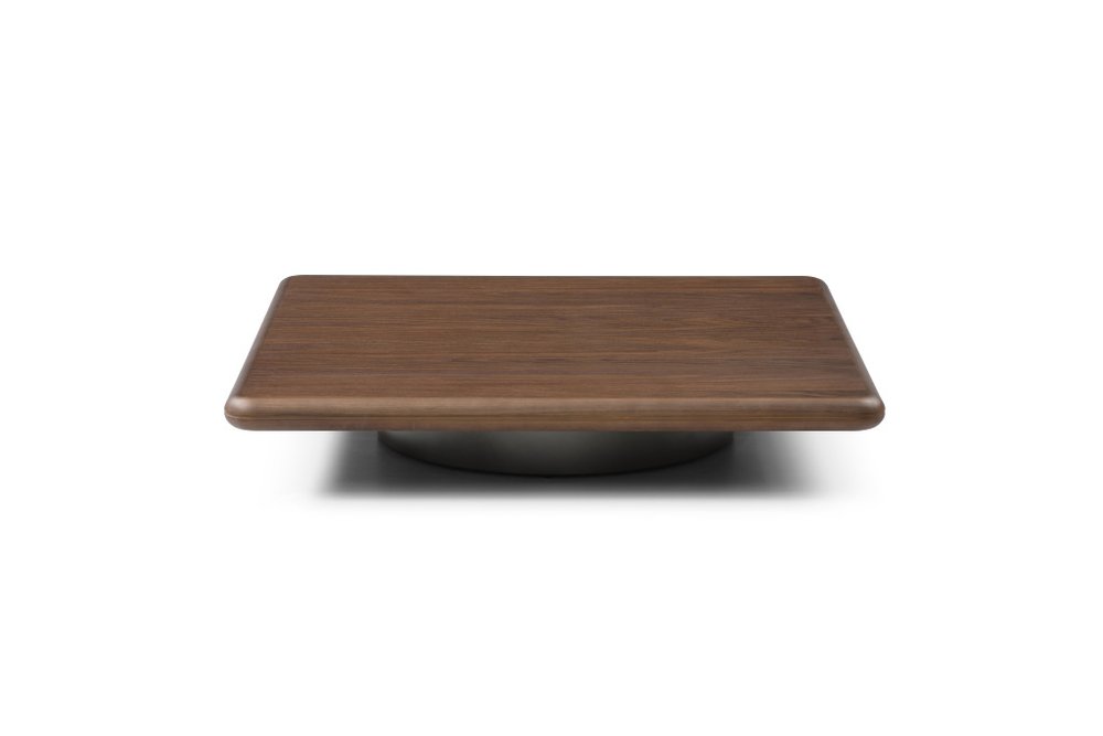 Brown and Silver Wood and Stainless Steel Square Pedestal Coffee Table