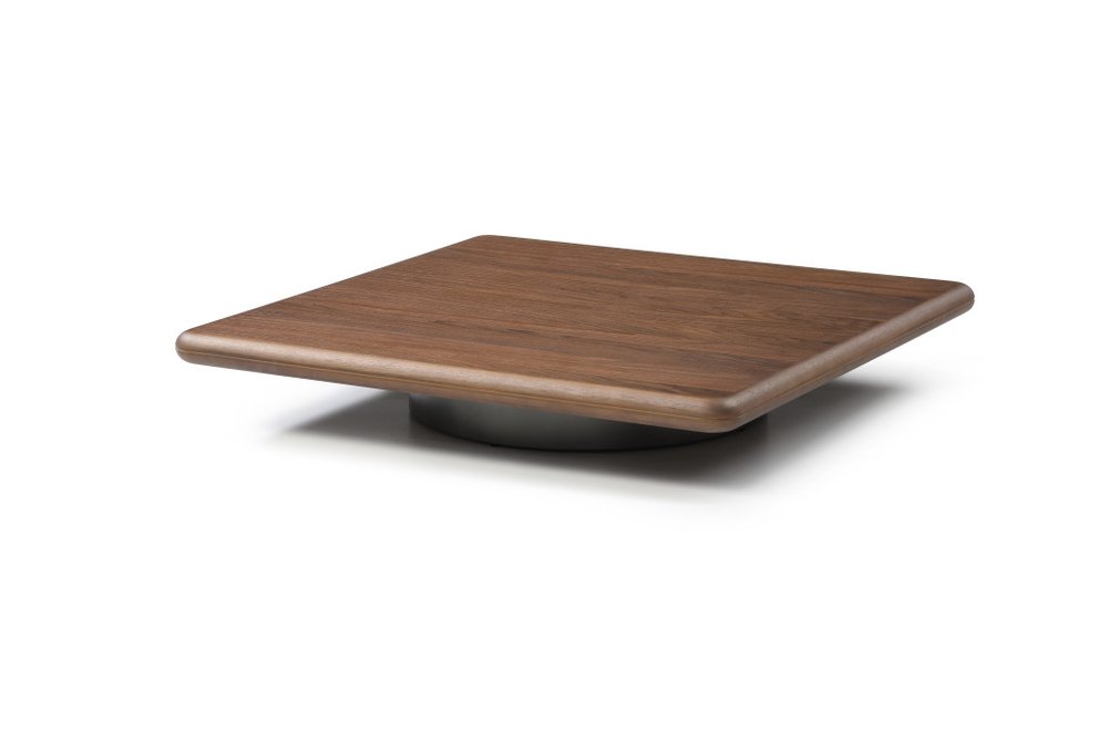 Brown and Silver Wood and Stainless Steel Square Pedestal Coffee Table