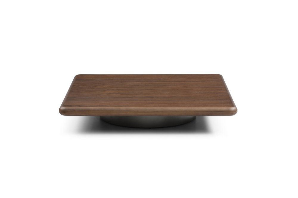 Brown and Silver Wood and Stainless Steel Square Pedestal Coffee Table