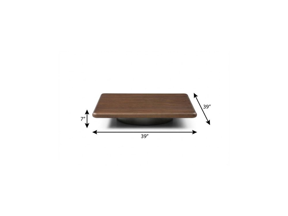 Brown and Silver Wood and Stainless Steel Square Pedestal Coffee Table