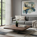 Brown and Silver Wood and Stainless Steel Square Pedestal Coffee Table