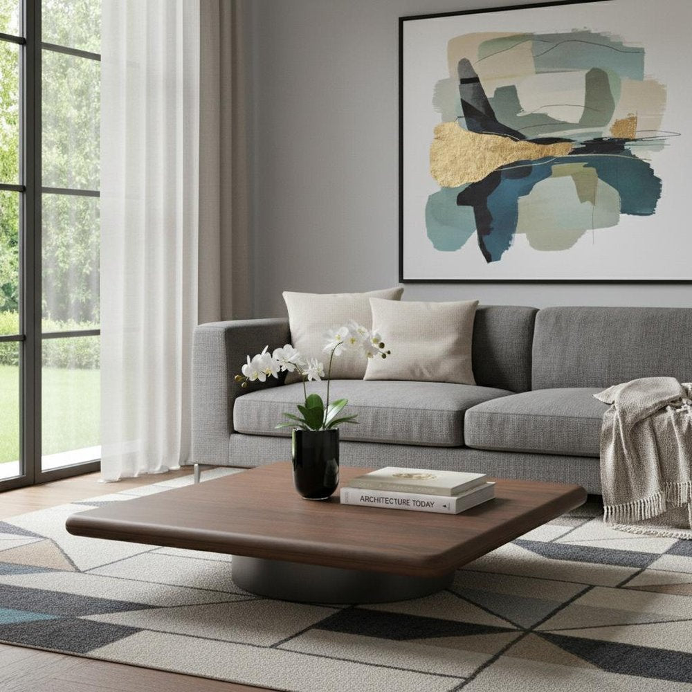 Brown and Silver Wood and Stainless Steel Square Pedestal Coffee Table