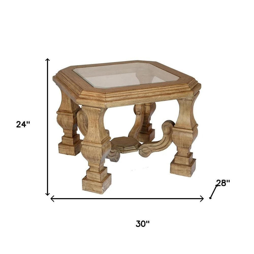 Light Brown and Clear Wood and Glass Square End Table - 24-inch