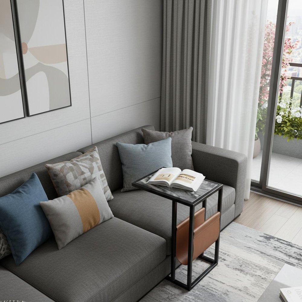 Gray Black and Brown Marble and Iron End Table with Magazine Holder