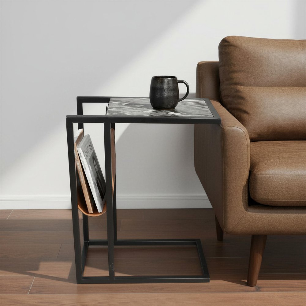 Gray Black and Brown Marble and Iron End Table with Magazine Holder