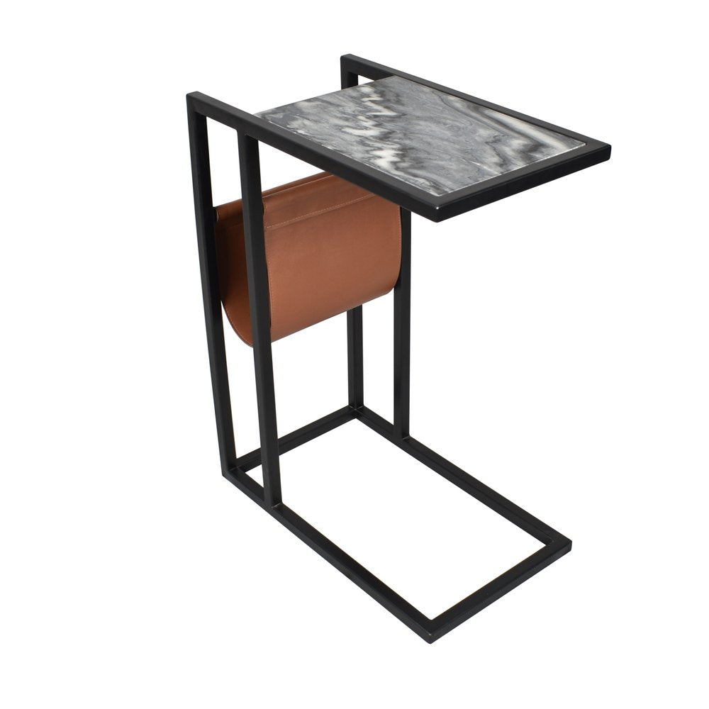 Gray Black and Brown Marble and Iron End Table with Magazine Holder