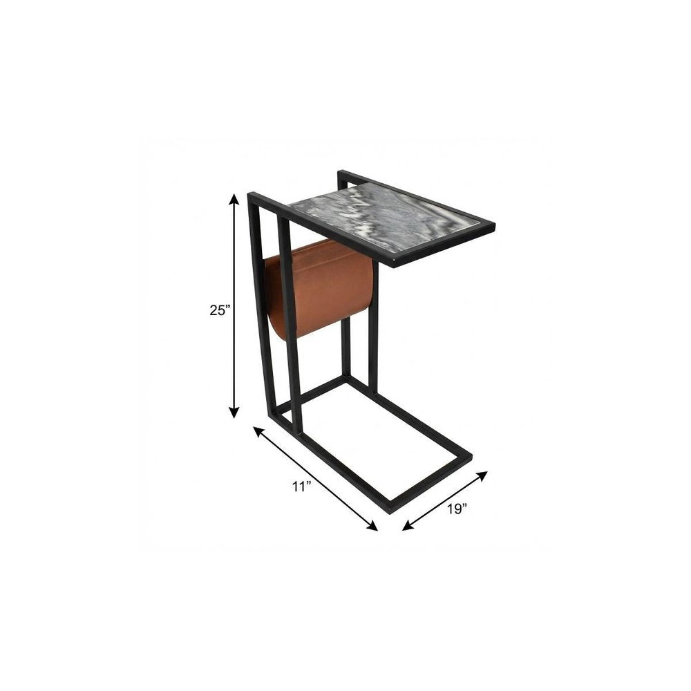 Gray Black and Brown Marble and Iron End Table with Magazine Holder