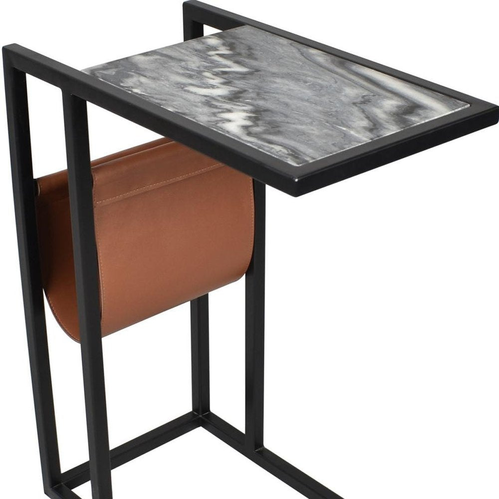 Gray Black and Brown Marble and Iron End Table with Magazine Holder
