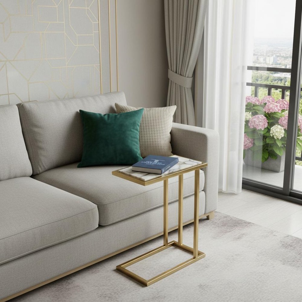 Gold and Ivory Marble and Iron End Table - 24-inch