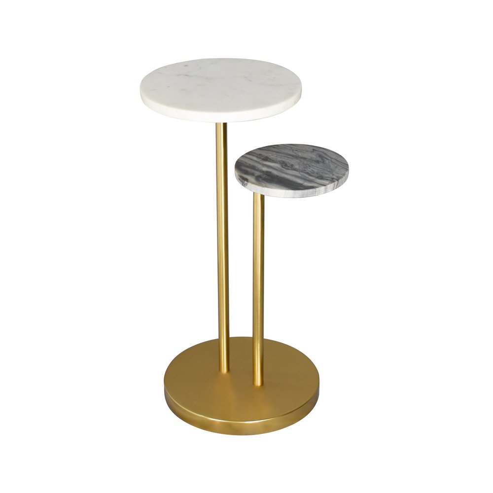 Black White and Gold Marble and Iron Round Pedestal End Table
