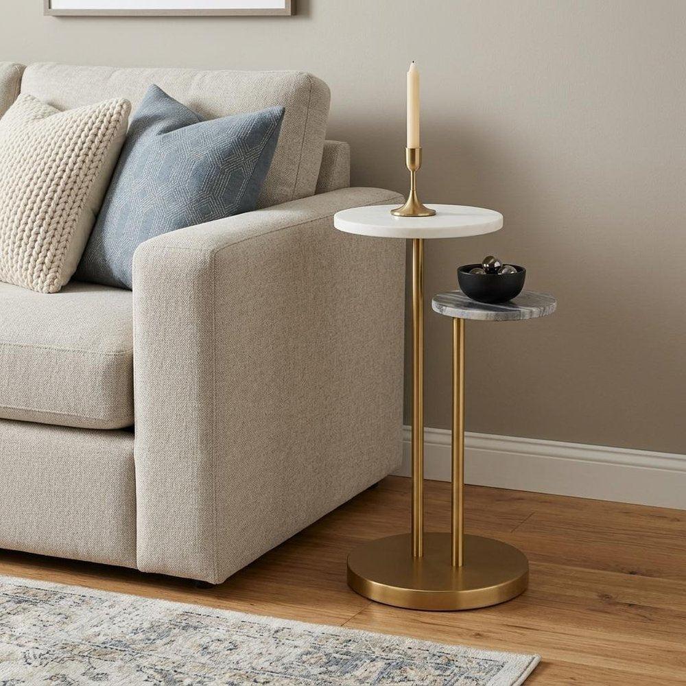Black White and Gold Marble and Iron Round Pedestal End Table