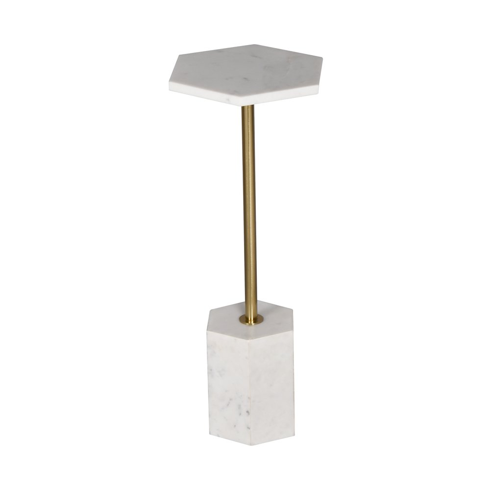 White and Gold Marble and Iron Hexagonal Pedestal End Table - 23-inch
