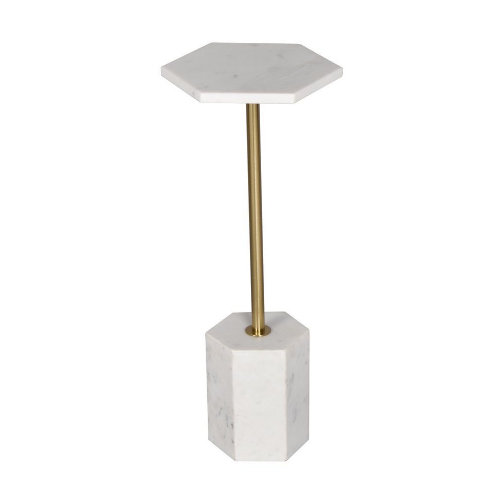 White and Gold Marble and Iron Hexagonal Pedestal End Table - 23-inch