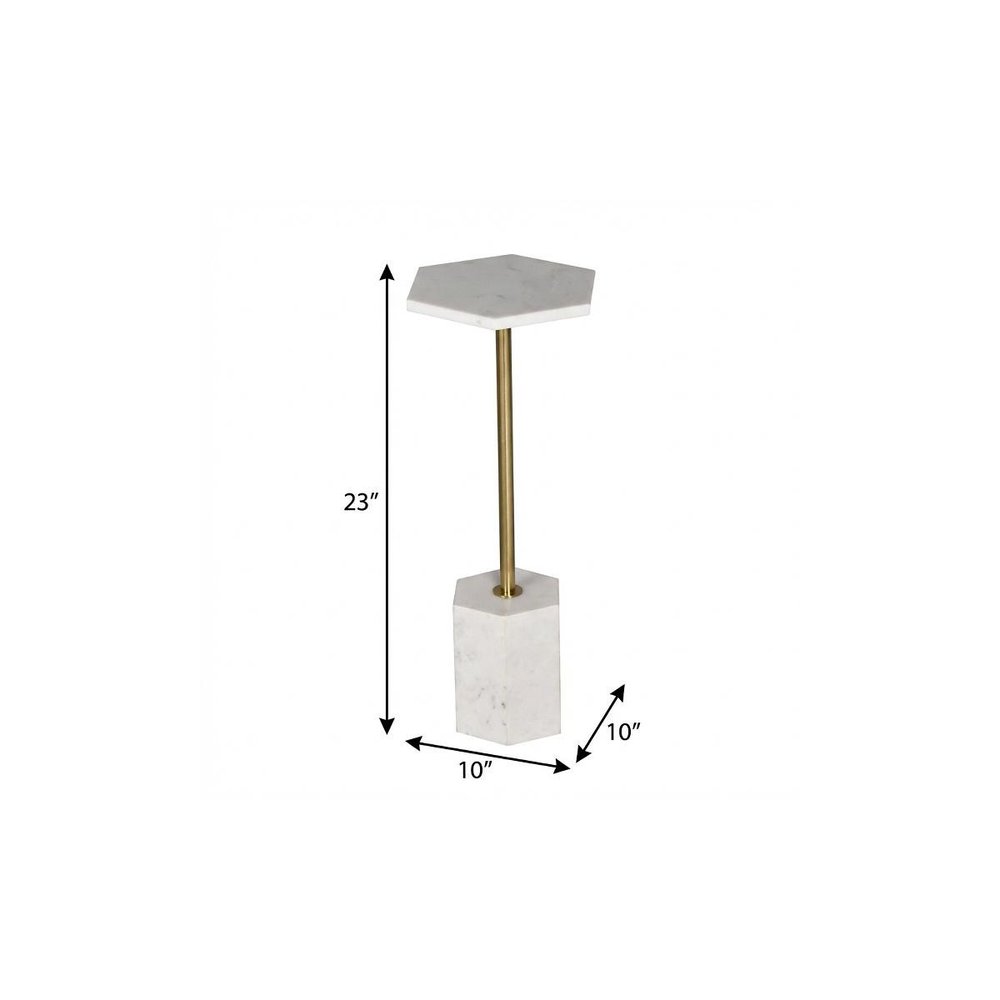 White and Gold Marble and Iron Hexagonal Pedestal End Table - 23-inch