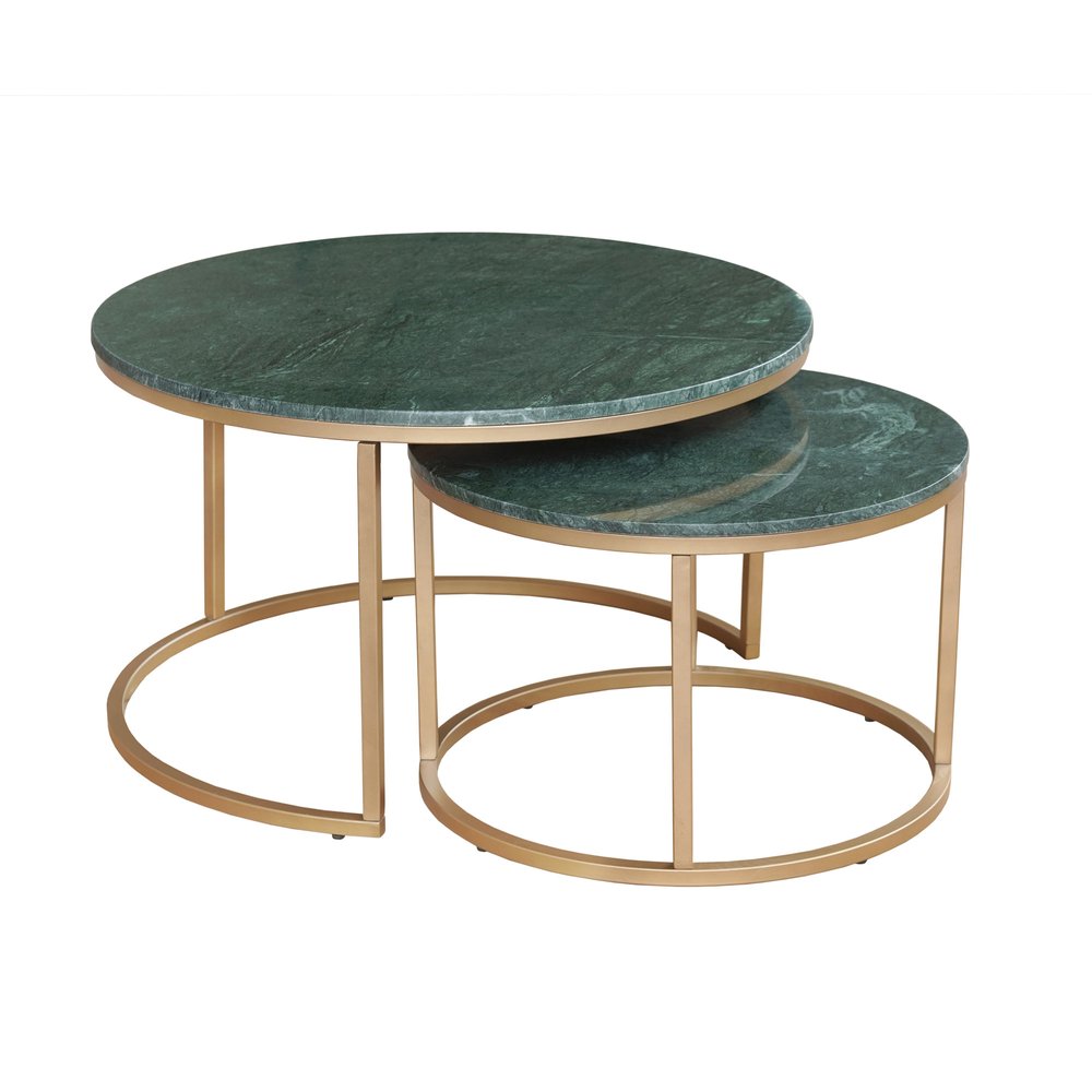 Set of Two Green and Gold Genuine Marble and Iron Round Frame Nested Coffee Tables