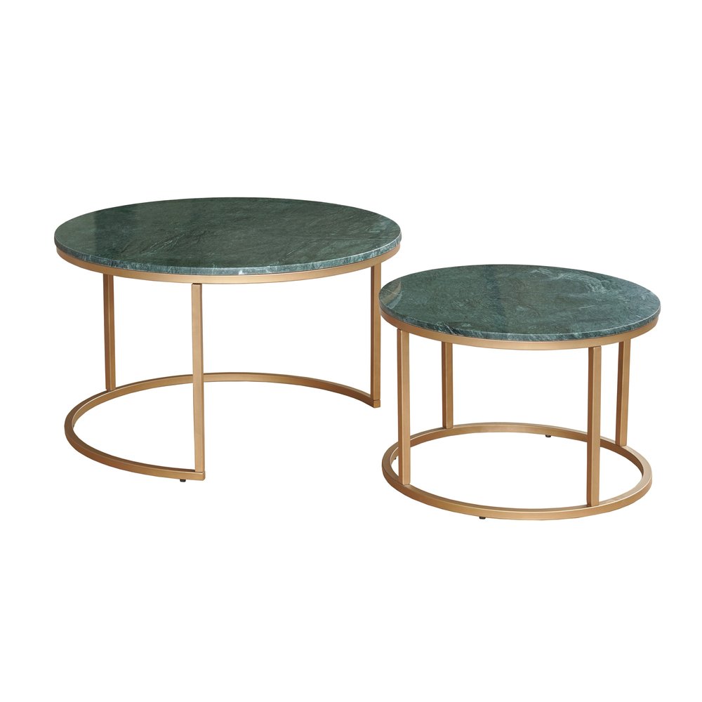 Set of Two Green and Gold Genuine Marble and Iron Round Frame Nested Coffee Tables