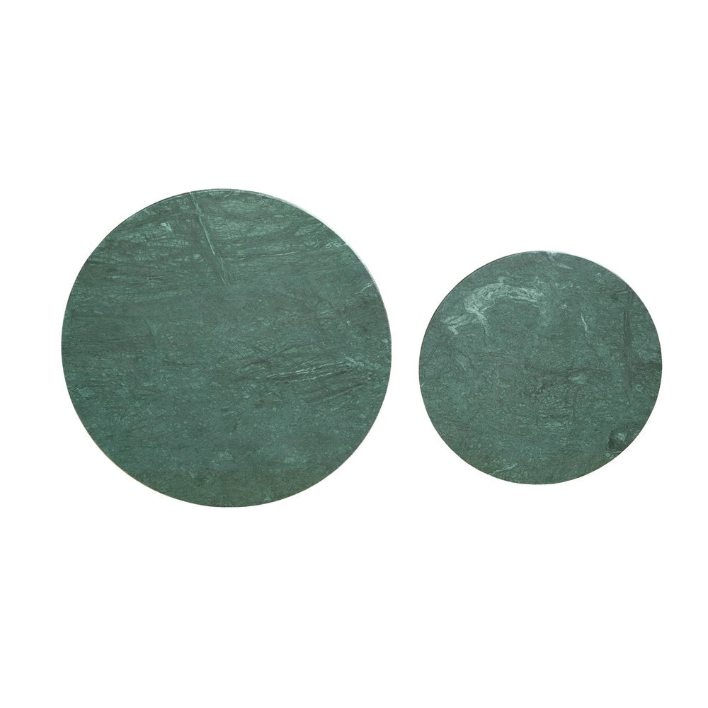 Set of Two Green and Gold Genuine Marble and Iron Round Frame Nested Coffee Tables