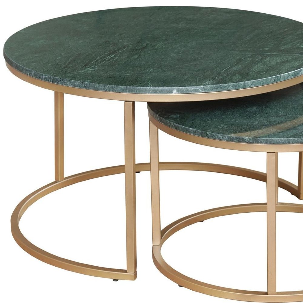 Set of Two Green and Gold Genuine Marble and Iron Round Frame Nested Coffee Tables