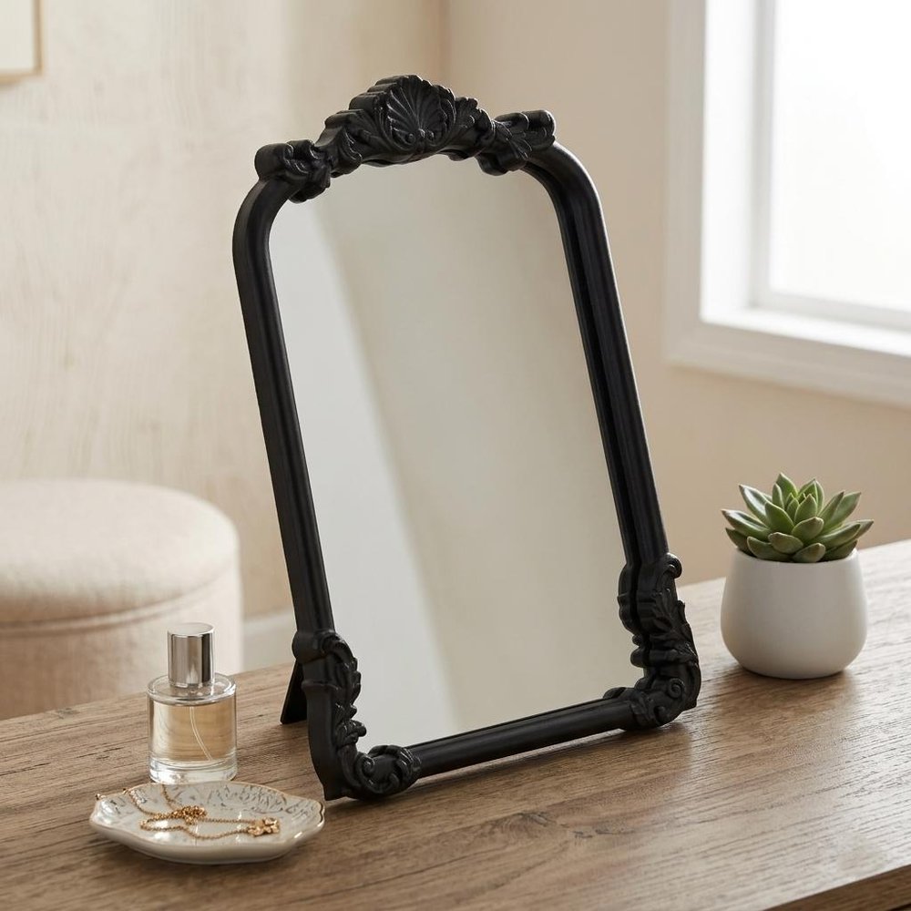 Black Solid Wood Scalloped Framed Makeup Shaving Tabletop Mirror - 12-inch