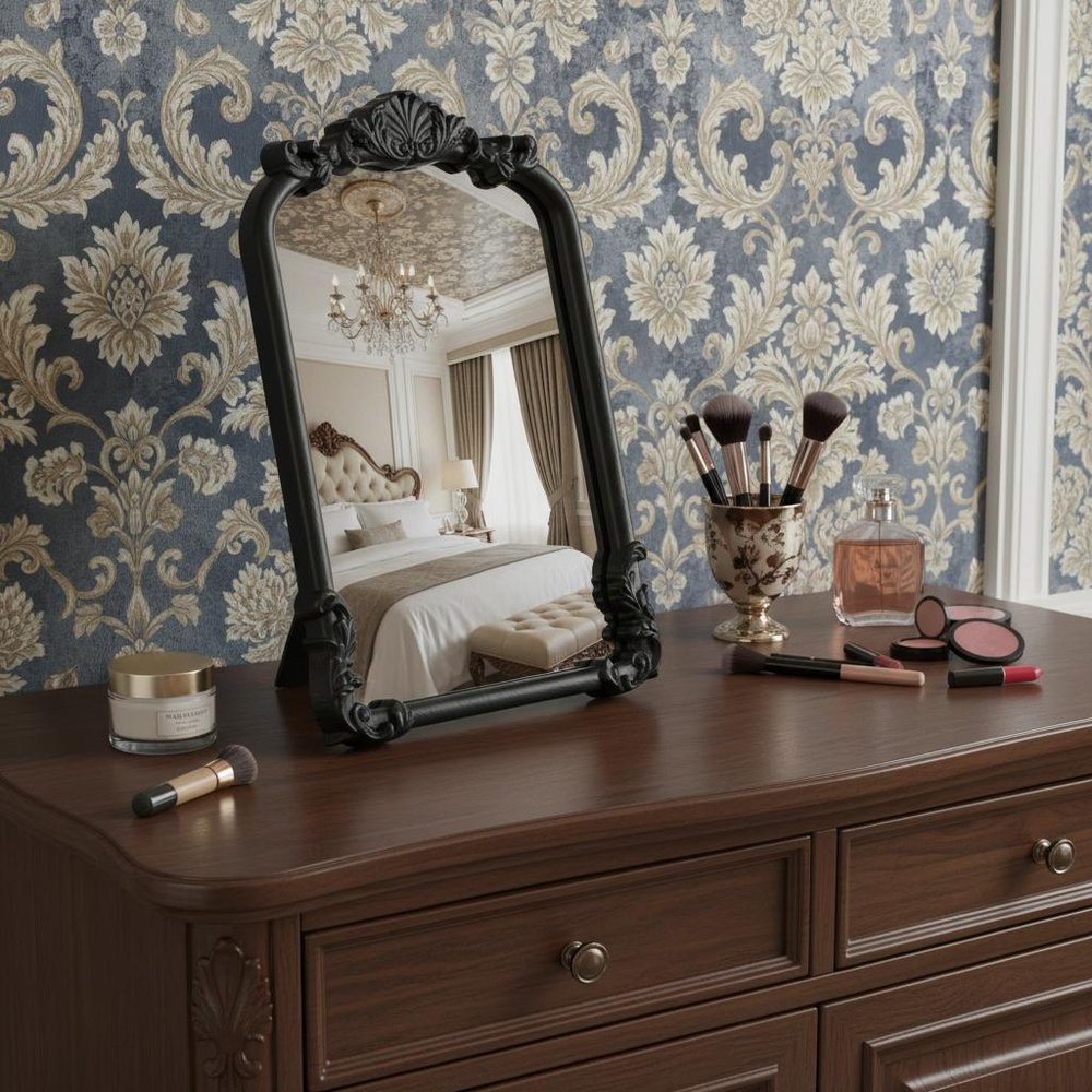 Black Solid Wood Scalloped Framed Makeup Shaving Tabletop Mirror - 12-inch