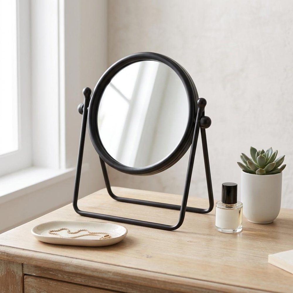 Black Metal Round Framed Adjustable Makeup Shaving Tabletop Mirror - 10-inch