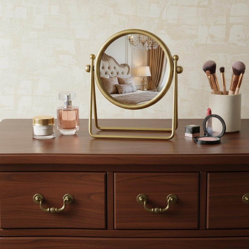Gold Metal Round Tilting Framed Makeup Shaving Tabletop Mirror - 10-inch