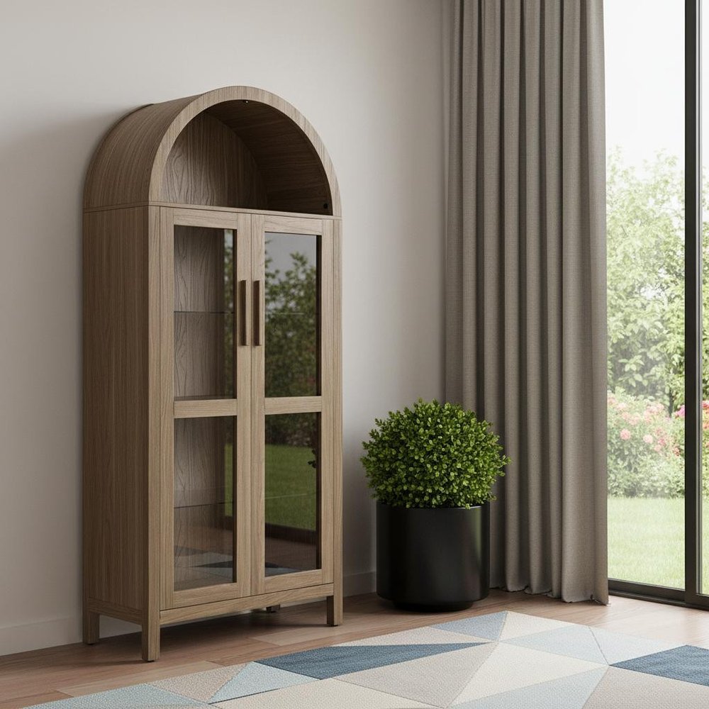 Brown Wood Oval Accent Cabinet with Two Doors - 67-inch