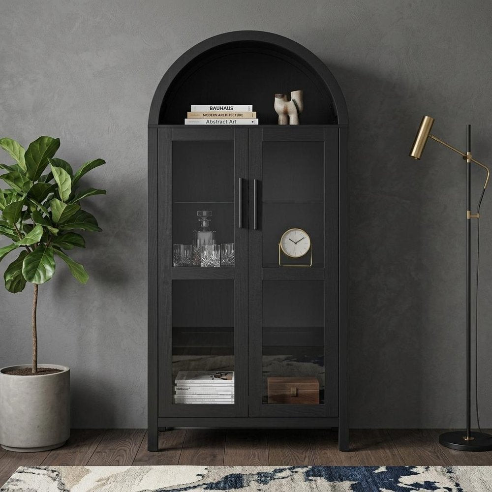 Black Wood Oval Accent Cabinet with Two Doors - 30-inch