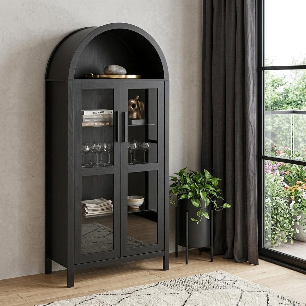 Black Wood Oval Accent Cabinet with Two Doors - 30-inch
