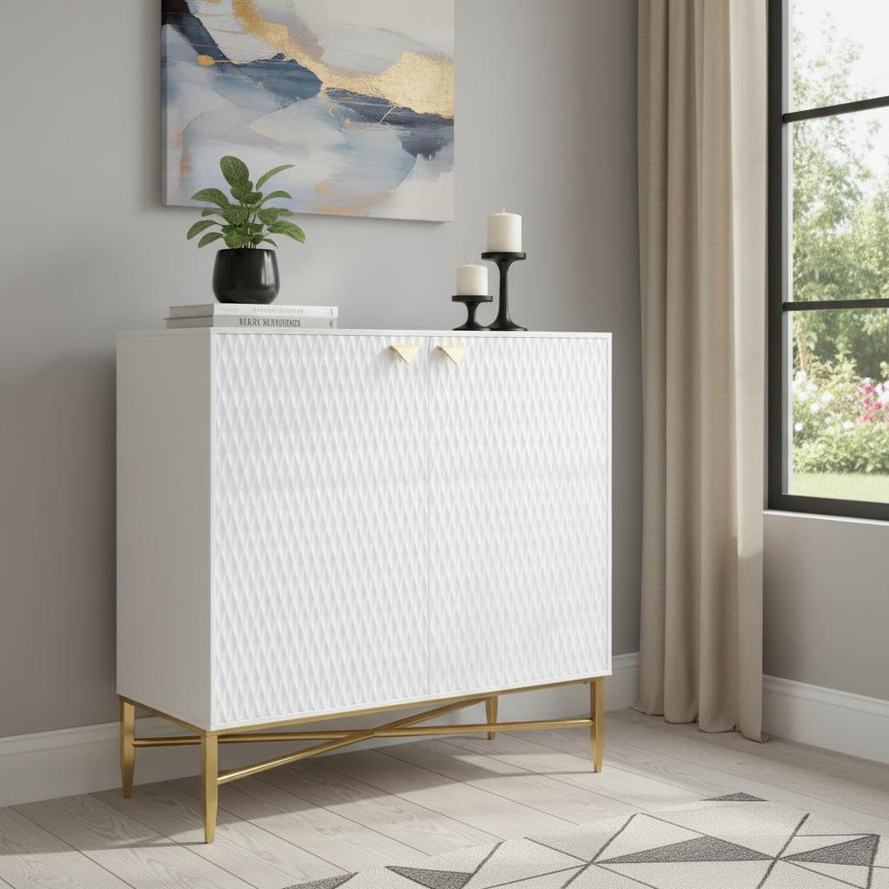 White and Gold Wood Accent Cabinet with Two Doors - 32-inch