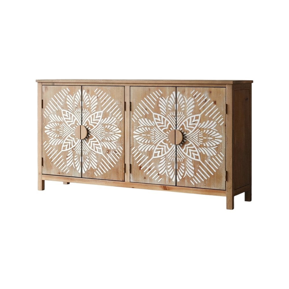 Brown and White Wood Carved Floral Accent Cabinet with Four Doors - 60-inch