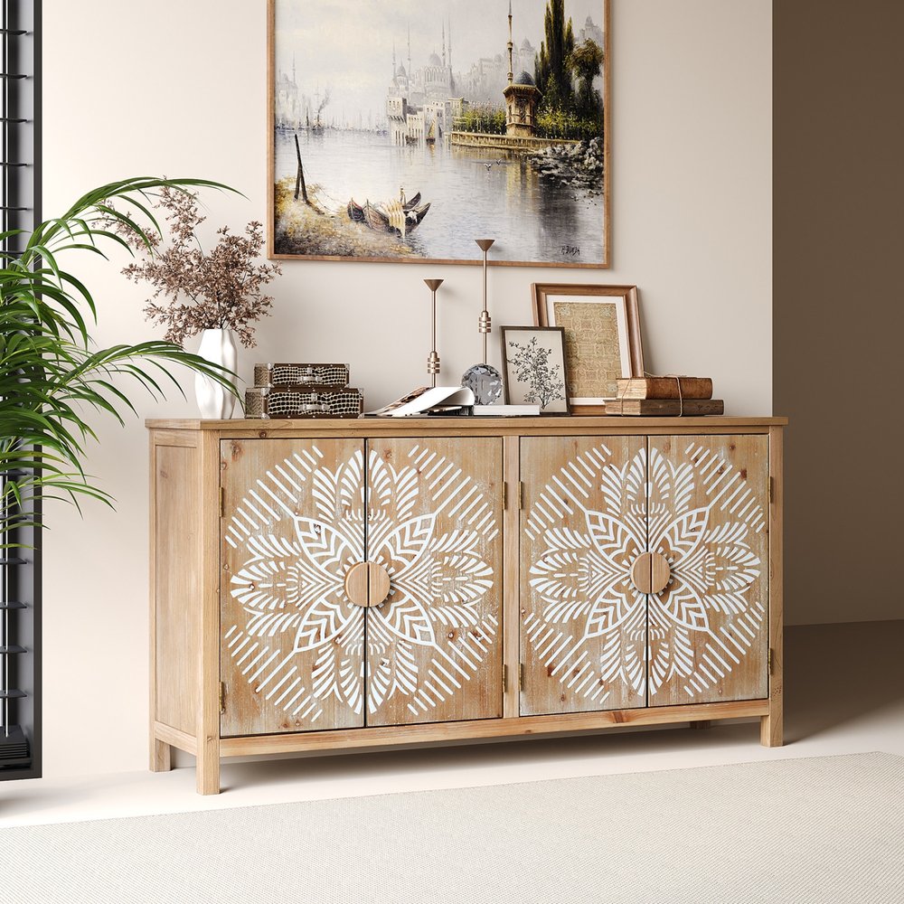 Brown and White Wood Carved Floral Accent Cabinet with Four Doors - 60-inch
