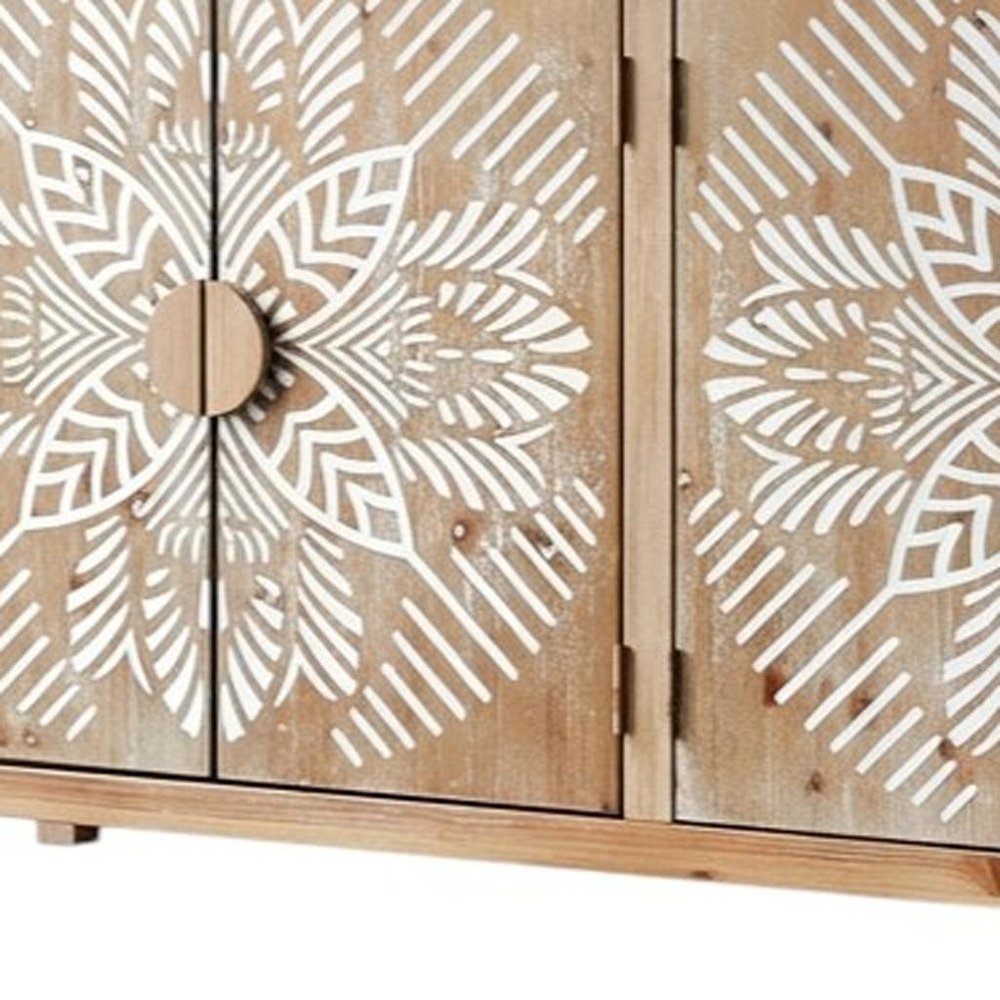 Brown and White Wood Carved Floral Accent Cabinet with Four Doors - 60-inch