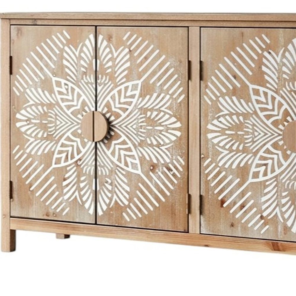 Brown and White Wood Carved Floral Accent Cabinet with Four Doors - 60-inch