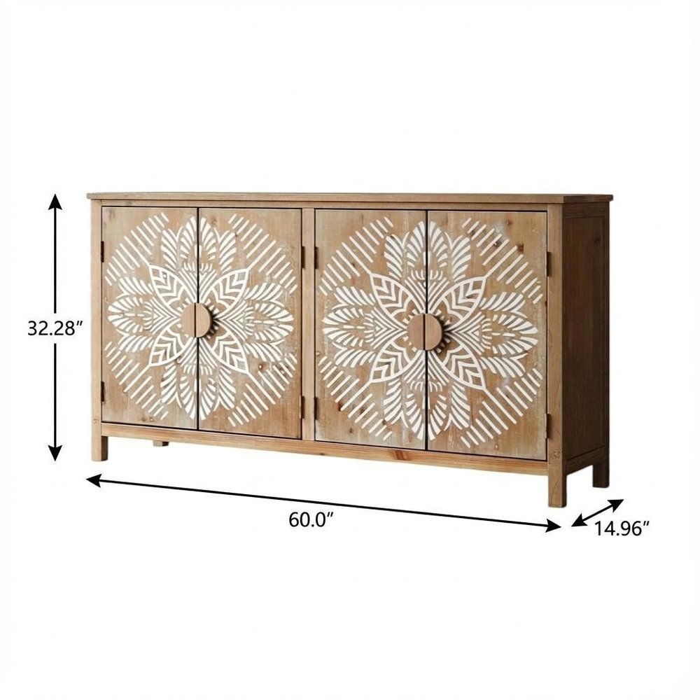 Brown and White Wood Carved Floral Accent Cabinet with Four Doors - 60-inch