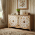 Brown and White Wood Carved Floral Accent Cabinet with Four Doors - 60-inch