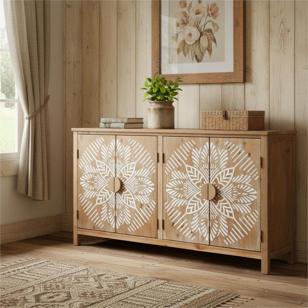 Brown and White Wood Carved Floral Accent Cabinet with Four Doors - 60-inch