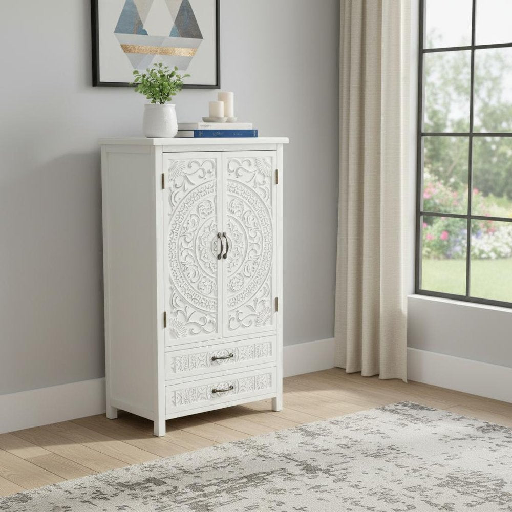 White Wood Accent Cabinet with Two Doors and Two Drawers - 27-inch