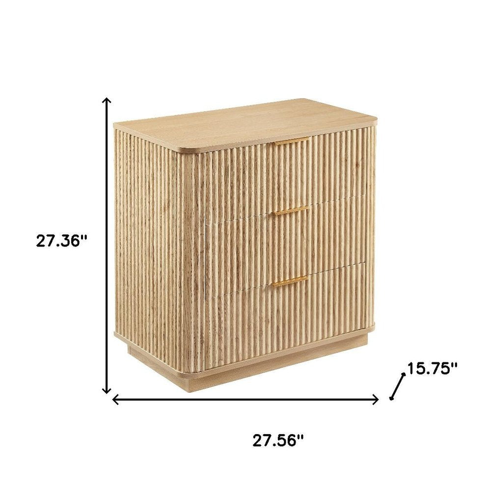 Oak Ribbed Texture Wood Three Drawer Dresser - 28-inch