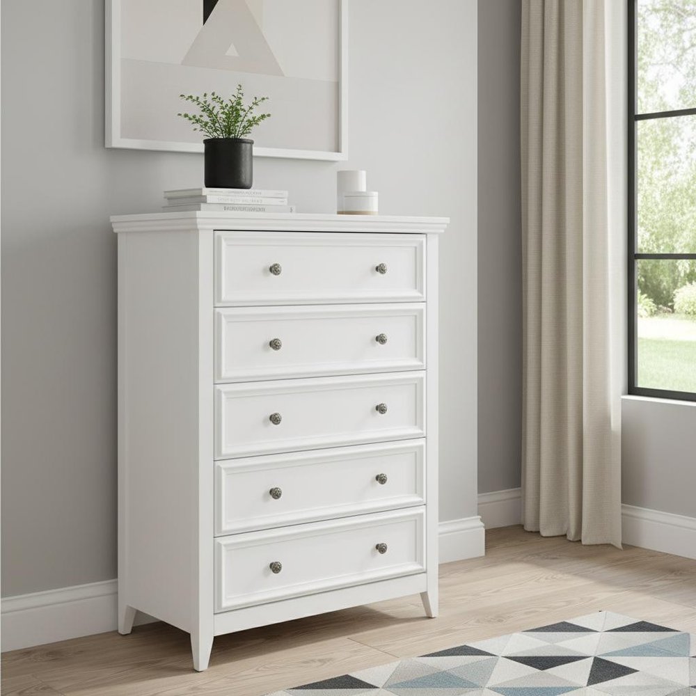 White Wood Five Drawer Dresser - 32-inch