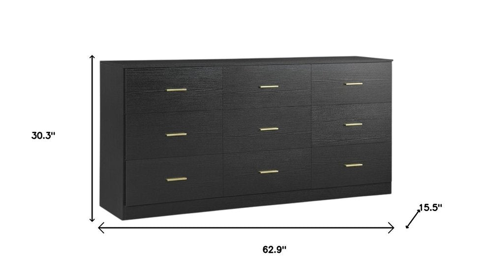 Black Wood Nine Drawer Triple Dresser - 63-inch