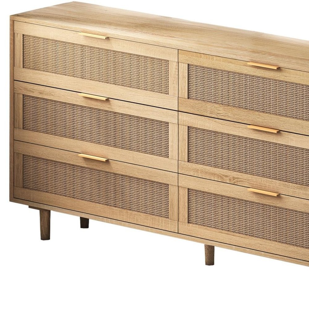 Natural Wood and Rattan Six Drawer Double Dresser - 59-inch