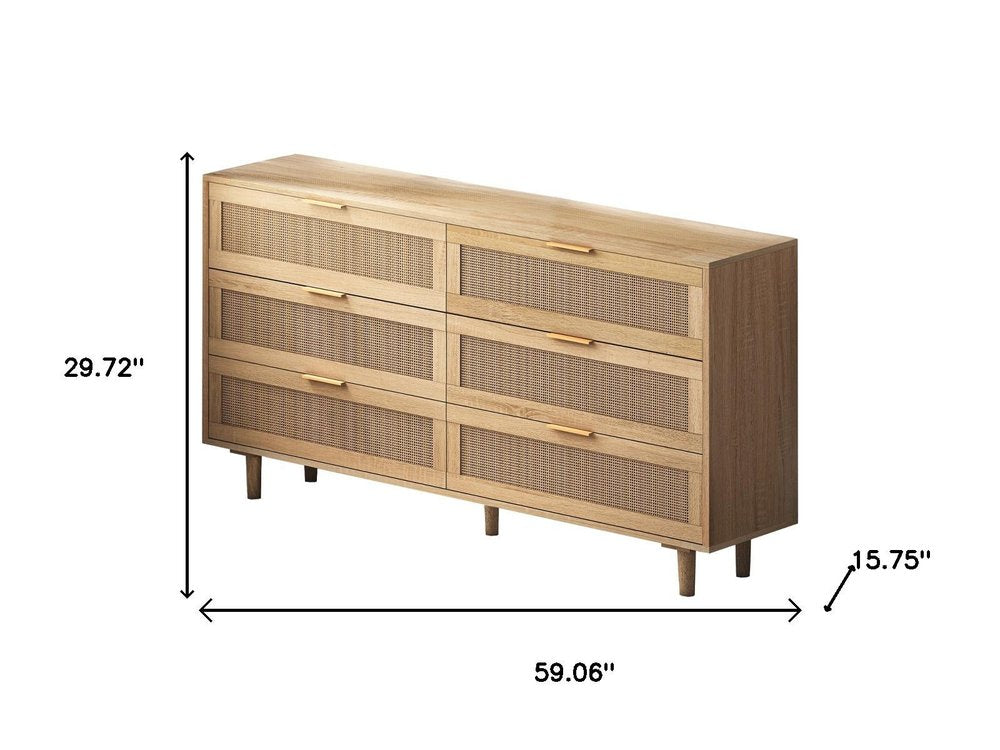 Natural Wood and Rattan Six Drawer Double Dresser - 59-inch