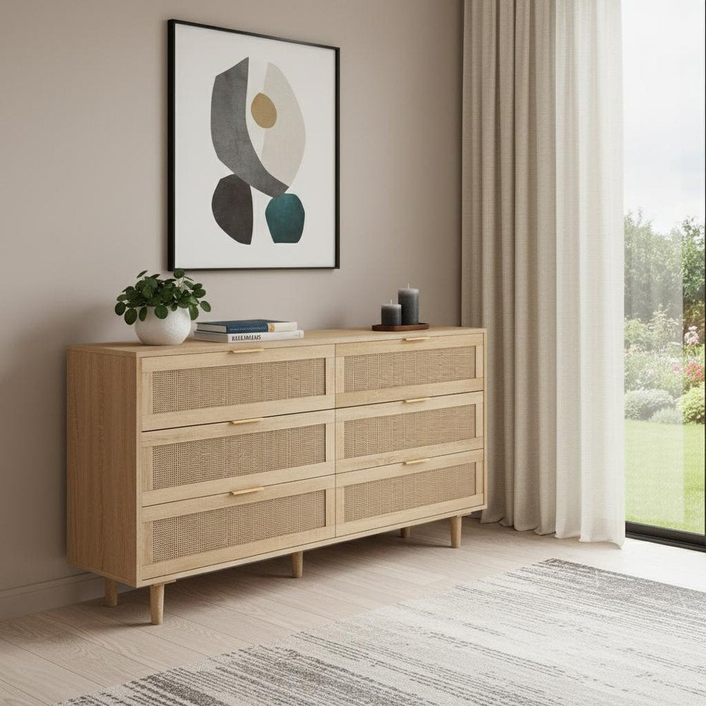 Natural Wood and Rattan Six Drawer Double Dresser - 59-inch