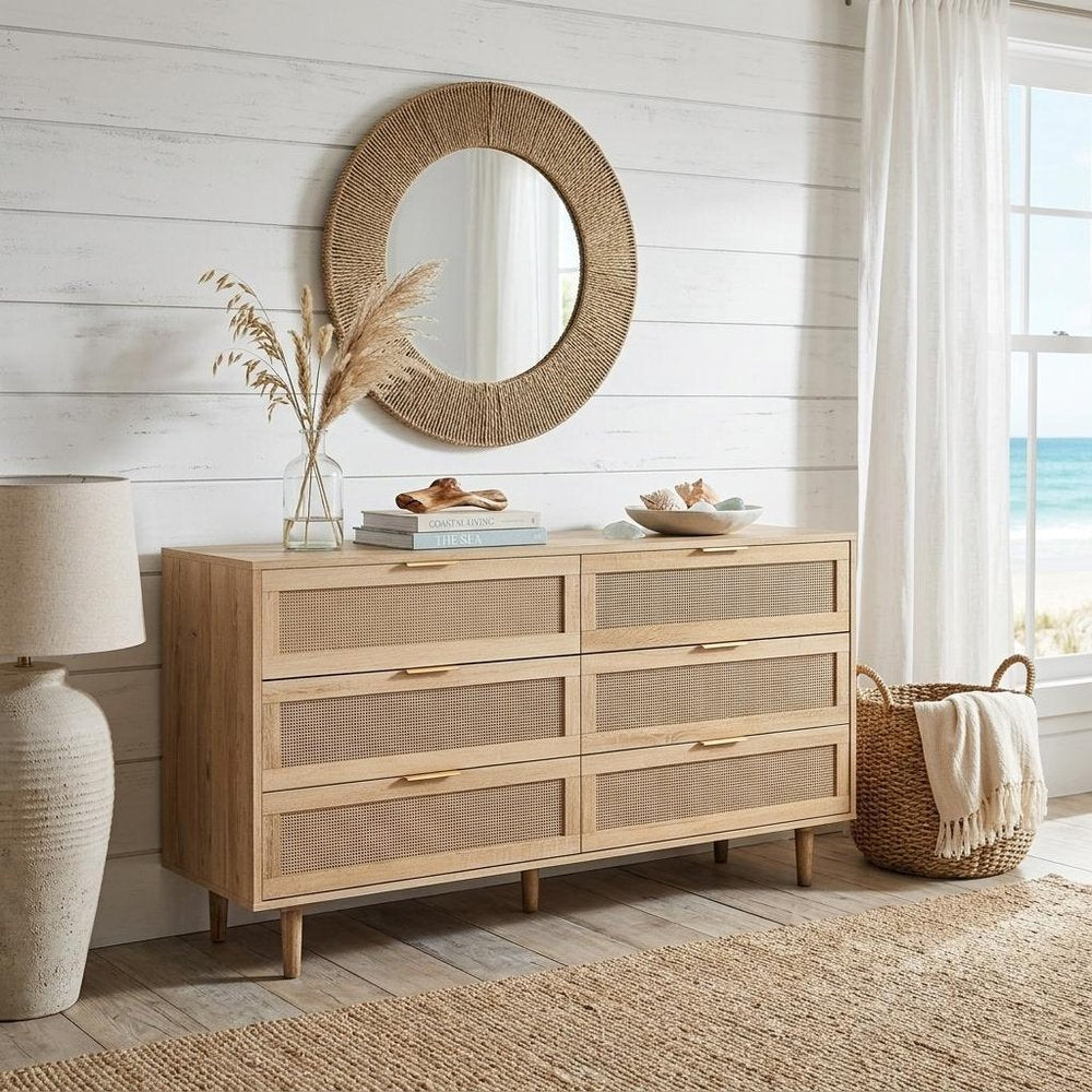 Natural Wood and Rattan Six Drawer Double Dresser - 59-inch