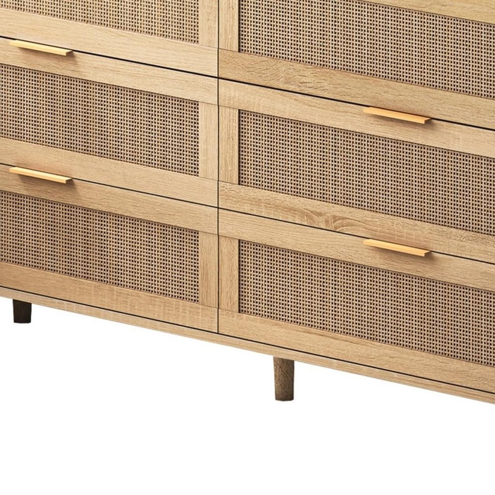 Natural Wood and Rattan Six Drawer Double Dresser - 59-inch